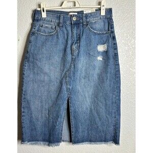 So Front Slit Denim Frayed Bottom Hem‎ Distressed Midi Skirt Blue 11/30W